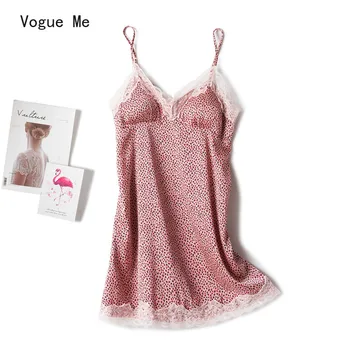 

New Nightgowns Women Spring and Summer Silk Slip Nightdress Lace Sexy Pink Leopard Strap Chest Pad Pink Leopard Skirt Sleepwear