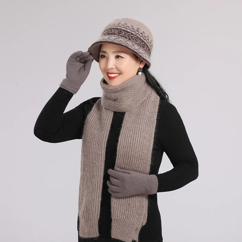 Gorro de lana grueso para mujer, conjunto de guantes y bufanda a la moda, elegante, tejido de piel de conejo, 2021|Las mujeres de punto y gorros|