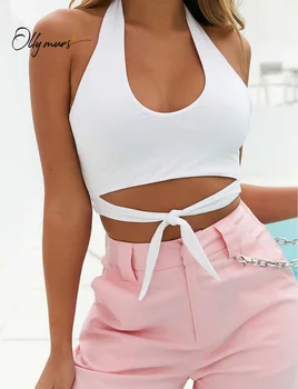 

OllyMurs Fashion Sexy Halter U-neck Black Women Crop Top Solid Lace Up Beach Holiday Women Clothes Short Ladies Part Club Tops