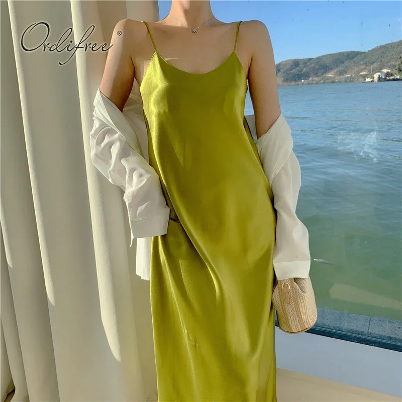 

Ordifree 2022 Summer Vintage Women Satin Slip Dress Silk Shiny Beach Wear Backless Loose Casual Long Sexy Party Dress