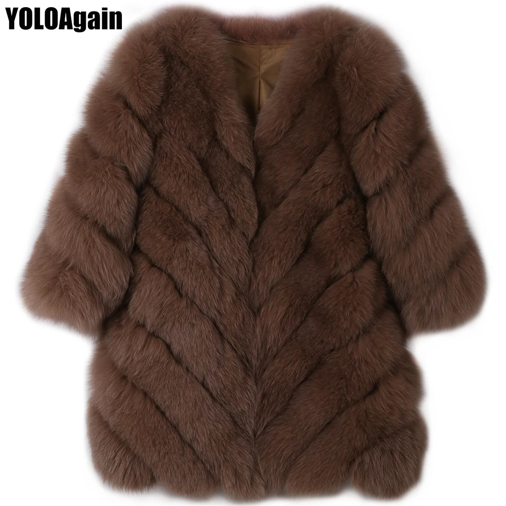 

YOLOAgain winter warm thick women V-neck real fox fur coat ladies natural fox fur jacket