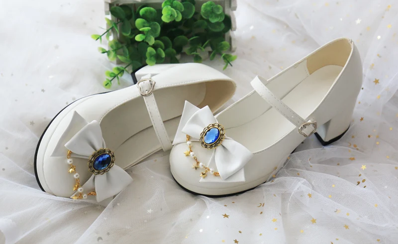 Японской принцессы повседневные милые туфли в стиле «Лолита» круглый носок обувь на толстом каблуке Женская обувь милый бант с жемчугом обувь Kawaii лоли для костюмированной вечеринки