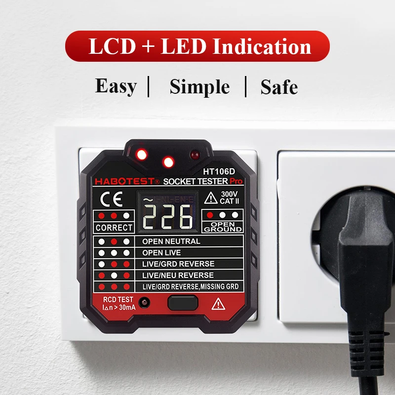 

Advanced Digital Display EU UK US Socket Tester Ground Zero Line Plug Polarity Phase Check Cable finder RCD HT106