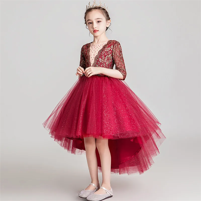3~14Years Children Girls Elegant Wine-red Luxury Florals Birthday Wedding Party Princess Fluffy Dress Kids Piano Host Dress Wear
