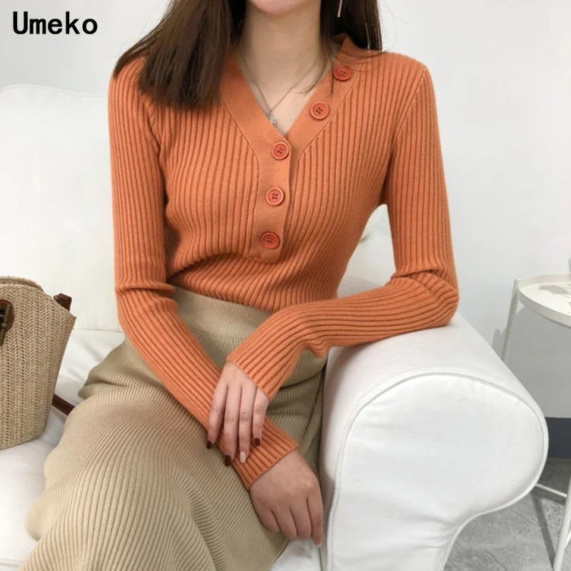 

Umeko Casual Solid Autumn Winter Button V Neck Sweater Women Basic Slim Knitted Pullover Women Sweaters Pullovers Knit Jumper