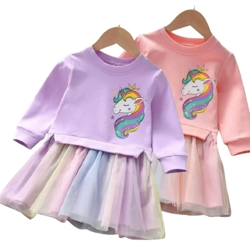 Girls Dress Girl Clothing Autumn Cartoon Unicorn Printed Long-sleeved Shirt Stitching Rainbow Mesh Princess Dress for 2 3 4 5 6 Years girls dress princess costume kids clothes