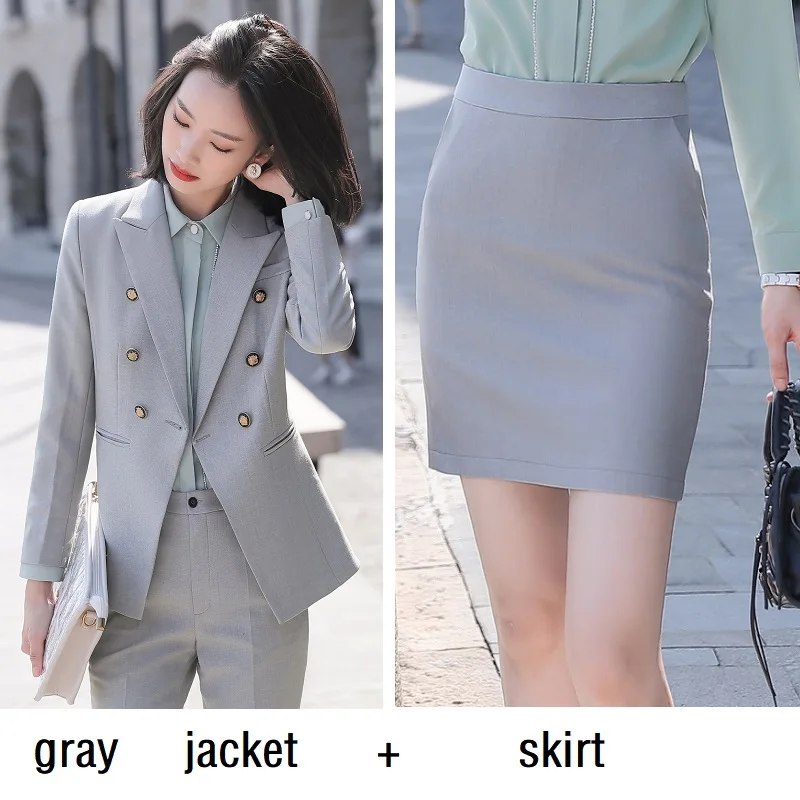 gray jacket skirt Женские костюмы, тонкие, весна-осень, одноцветные, блейзеры, куртки, штаны, 2 шт, набор, OL, формальные, женские, брючные костюмы, женские костюмы, 690 - Цвет: gray jacket skirt