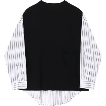 

[EWQ] 2020 Spring Summer New Arrivals O-neck Batwing Full Sleeve Striped Pattern Women Fashion Casual Fake Two Piece Shirt AY673