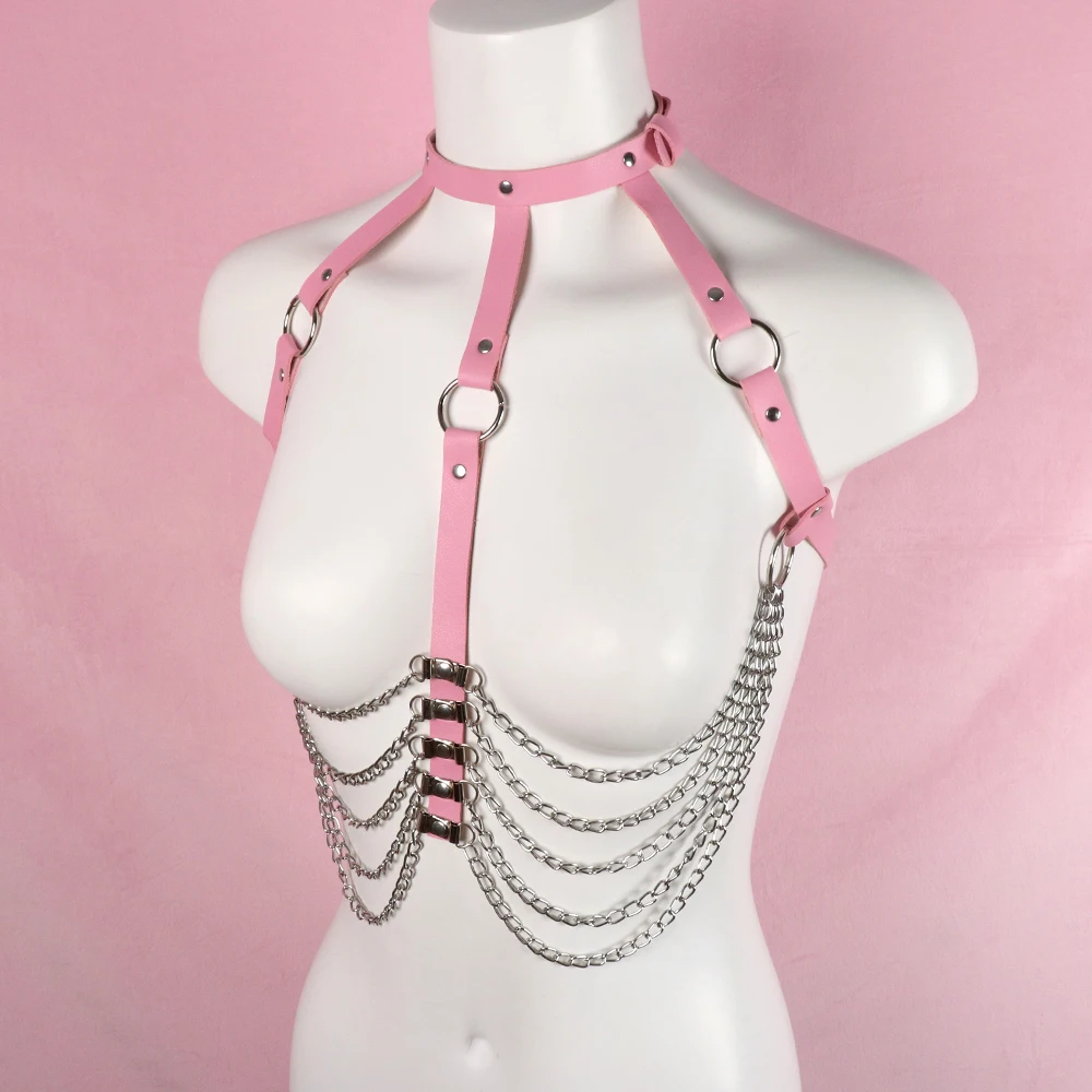 Tanie Skórzana uprząż kobiety różowe krępowanie ciała klatka pasy szelki metalowy łańcuszek Tassel