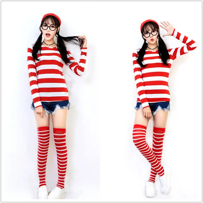 

Smart Wally Where's Wally Cartoon Characters Clothes Adult Female Red And White Striped T-shirt Suit