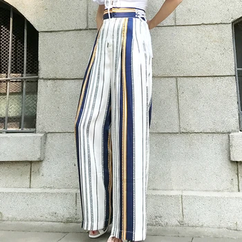 

2020 Women Spring Summer New Temperament White Hit Color Bandage Wide Leg Pants Loose Chiffon Print Striped Long Pants Fashion