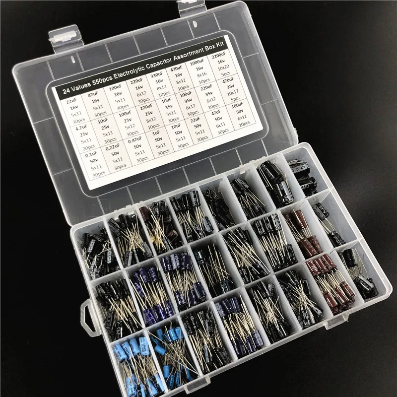 Skup 24 wartości 550 sztuk 16 V 25 V 35 50 V (0.1uF do 2200 uF) mix zestaw mieszanych kondensatorów elektrolitycznych ze schowkiem