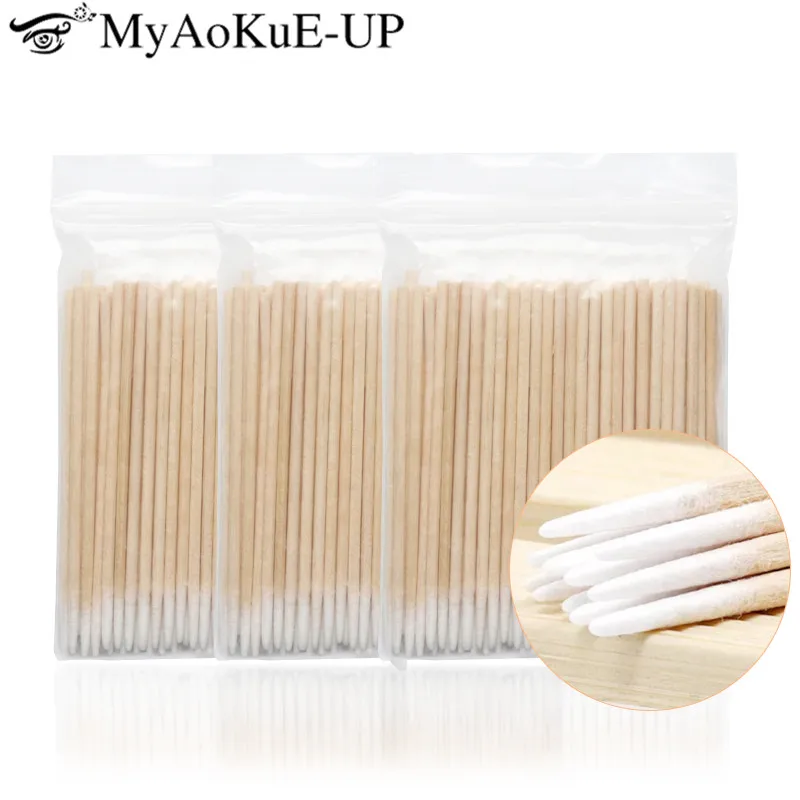 300pcs Disposable Ultra-small Cotton Swab Lint Free Micro Brushes Wood Cotton Buds Swabs Eyelash Extension Glue Removing Tools 100pcs disposable cotton swab lint brushes wood cotton buds swabs ear clean stick eyelash extension glue removing tool