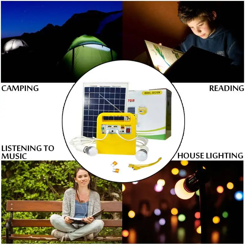 

Efficient Solar Power Panel Generator Kit USB Home Charger System + MP3 Radio +2 LED Bulbs Light for Emergency Charging Lighting