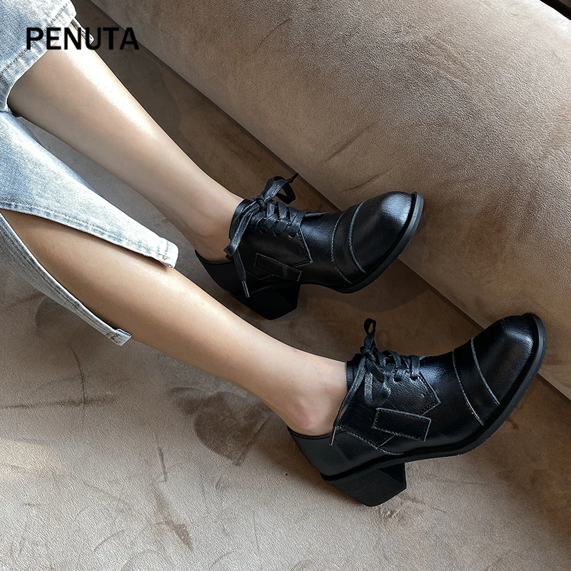 PENUTA/женские туфли-лодочки; женские туфли из натуральной кожи на массивном каблуке; туфли с квадратным носком для подиума; цвет черный, бежевый; модный дизайн; G0018