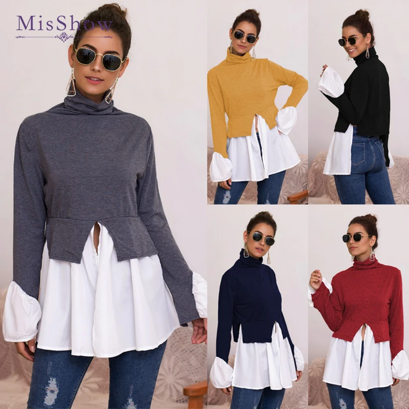 

Casual Flare Sleeve Blouses Office Style Woman 2019 Female Fashion Solid Turtletleneck Womens Tops and Blouses