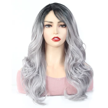 

X-TRESS Fashion Ombre Gray Colored Wavy Synthetic Wigs With Side Part Bangs Medium Length 20inches Machine Made Natural Hair Wig
