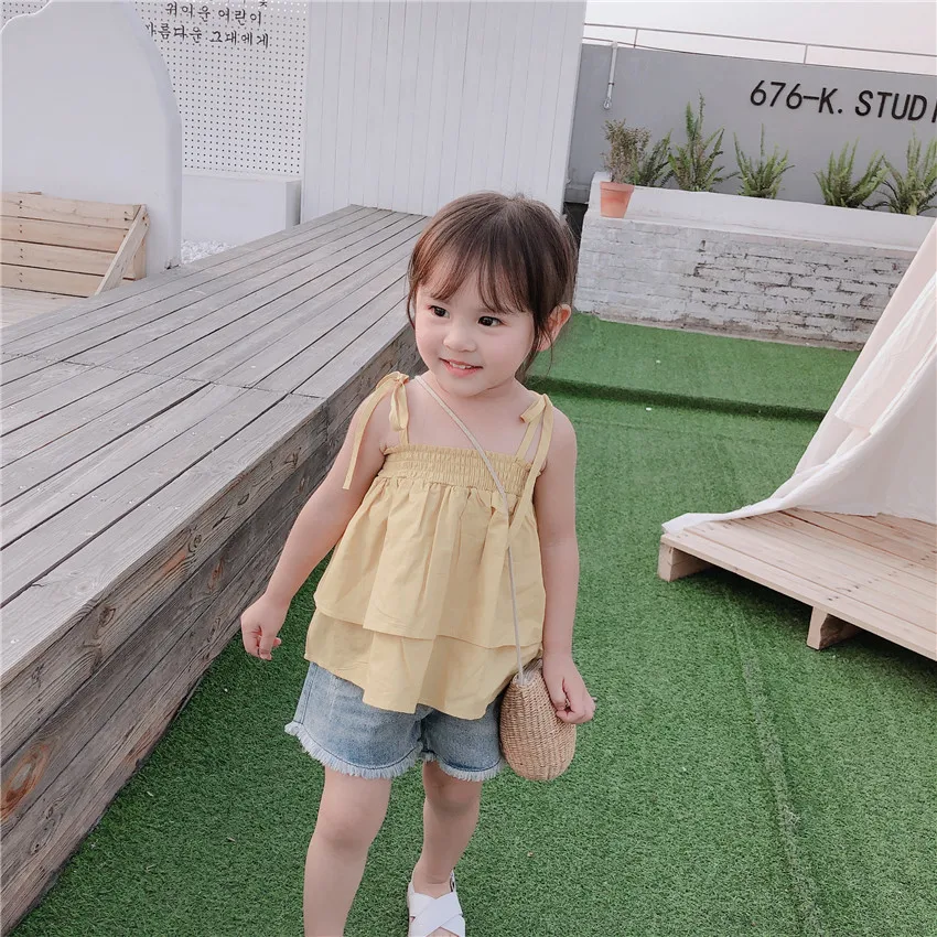 Small Big Brand Summer New Style Dungaree Shirt Korean-style Girls Baby Pure Cotton with Drawstring Camisole Cake Tops Fash