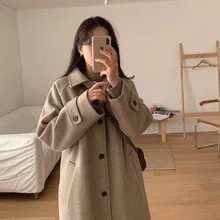 Herringbone coat women's medium long 2021 autumn winter Korean loose small black tweed women's coat Hepburn style