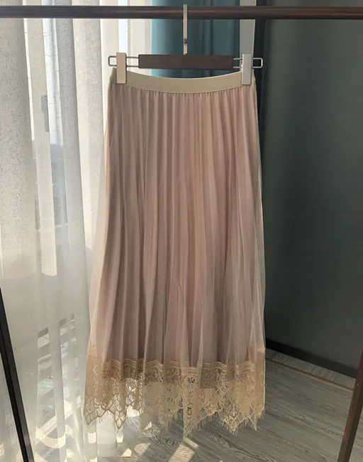 

Mesh Lace Pleuche Women Skirt Lady Solid Color Bling Bling Mid Calf Pleated Skirt