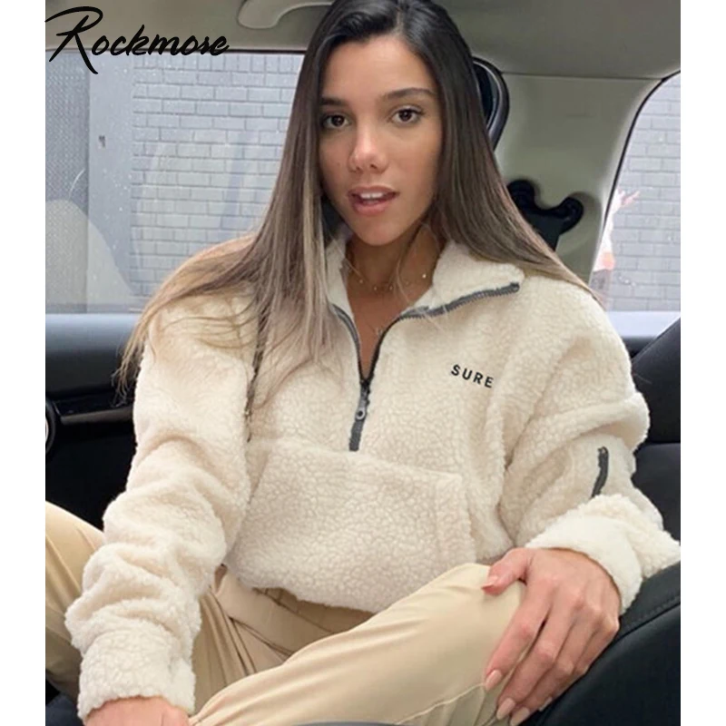 Rockmore, водолазка на молнии, пушистые толстовки, Женская толстовка, Harajuku, с вышитыми буквами, свитшоты, женская укороченная Толстовка