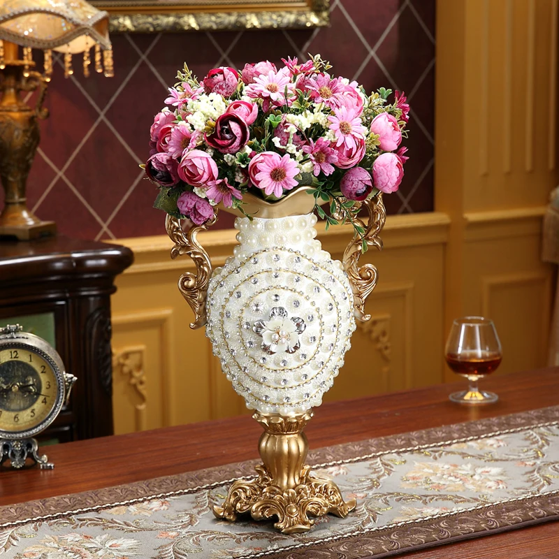 

European Luxury Diamond Resin Vase+Artificial Flower Set Decor Home Livingroom Furnishing Decoration Crafts TV Cabinet Ornaments