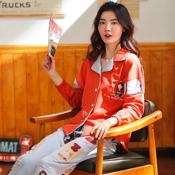 

New Women's Pajamas Autumn Winter Pajama Sets Pockets Sleepwear Colorful Pijamas Mujer Long Sleeve Cotton Sexy Pyjamas Female