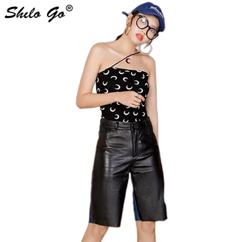 

Genuine Leather Pants Highstreet Minimalist Button Front High Waist Knee Length Sheepskin Pants Women Casual Solid Trousers
