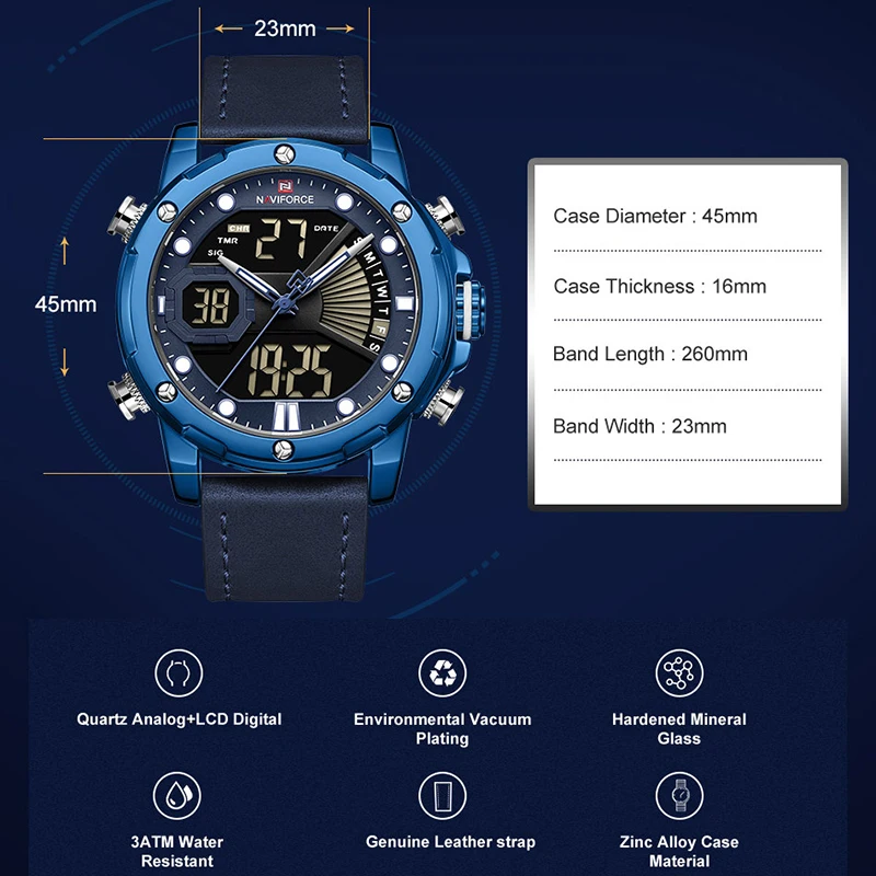 NAVIFORCE мужские часы Топ люксовый бренд Модные кварцевые мужские наручные часы водонепроницаемые кожаные Цифровые мужские часы Relogio Masculino