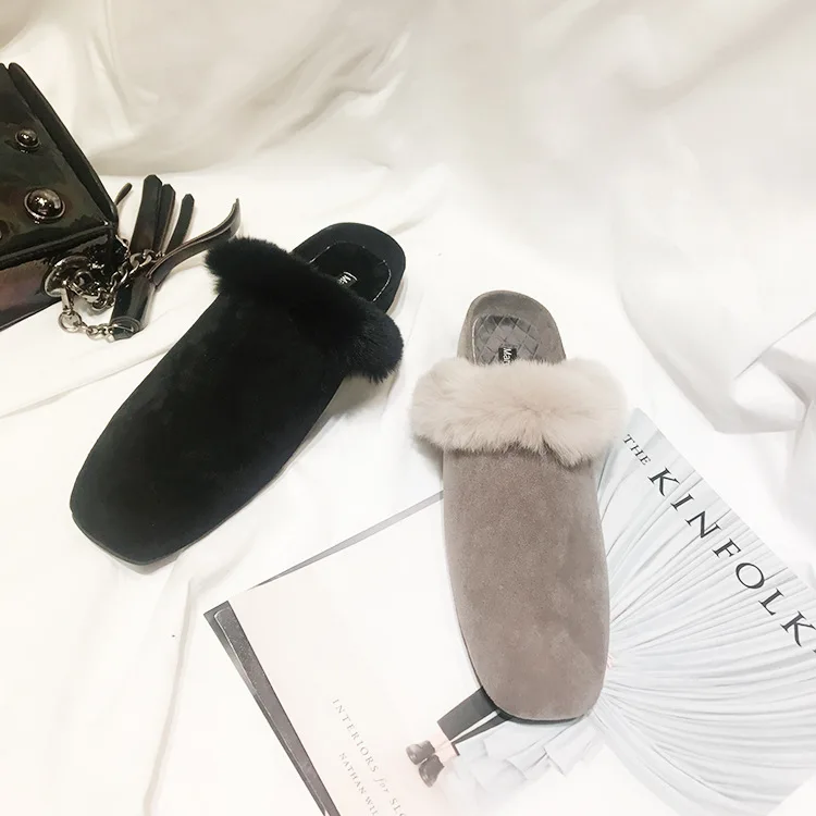 

Lazy Semi-SLIPPER Women's Outer Wear 2018 New Style Rabbit Fur Flat Pointed Closed-toe Slippers Fur WOMEN'S Shoes