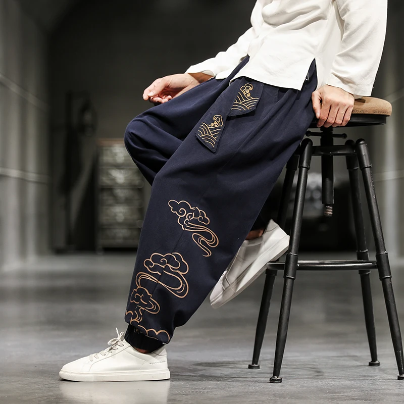 Wide Leg Pants Wide Leg Sweatpants Men's Oversize Wied Leg Pants Harajuku Cotton Linen Casual Trousers Male Embroidery Jogging Sweatpants Streetwear