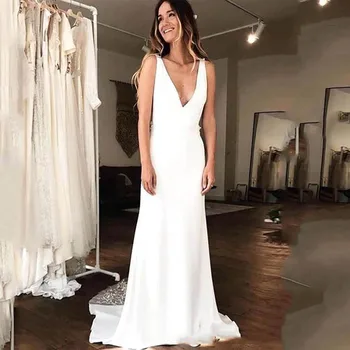 

Smileven Mermaid Wedding Dresses Sleeveless Elegant Boho Satin Bride Dress With Lace Train 2020 Vestido De Noiva