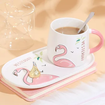 

Flamingo Coffee Ceramics Mug With Plate And Spoon Coffee Milk Tea Mugs Breakfast Cup Drinkware Novelty Gifts