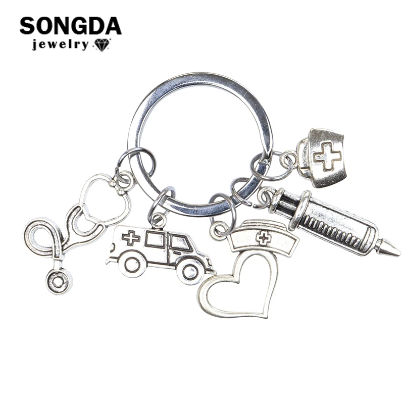 Medical Syringe Stethoscope Nurse Cap Image Keychain Silver Metal Pattern Hanging Piece Keyfob Bag Pendant DIY Health Souvenir | Украшения