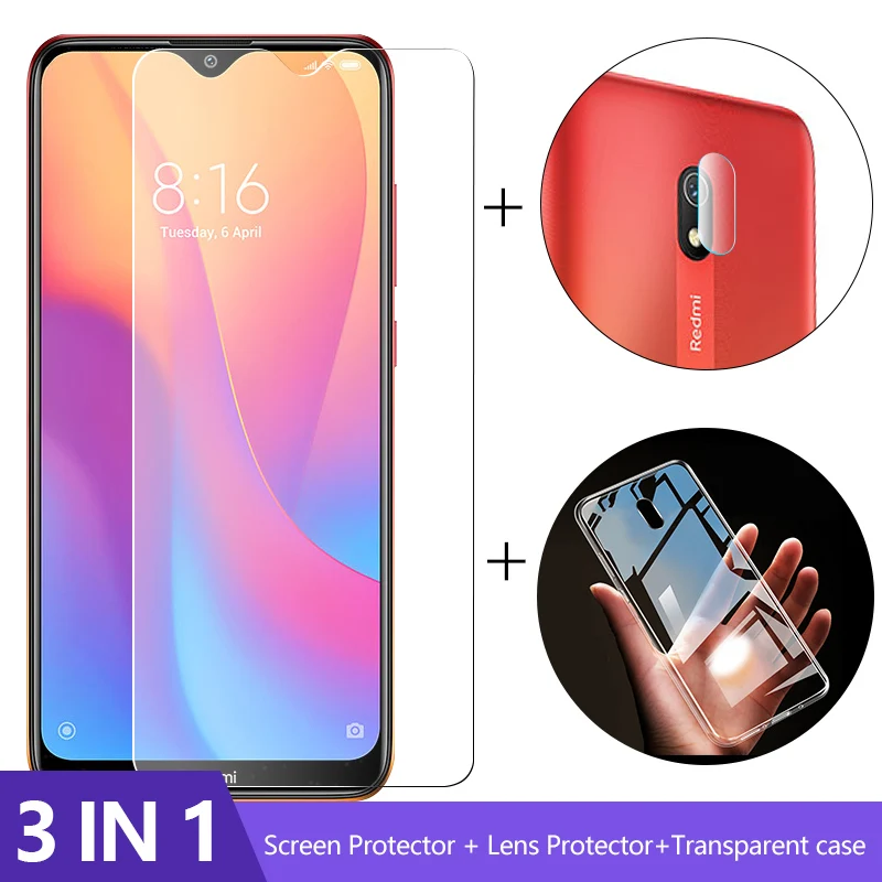 Застекленный 3-в-1 чехол+ Камера защитный Стекло для xiaomi redmi 8 8a 8t Экран протектор объектива пленка для xiomi redmi 9t pro 9 lite защитная пленка из закаленного стекла - Цвет: Застекленный
