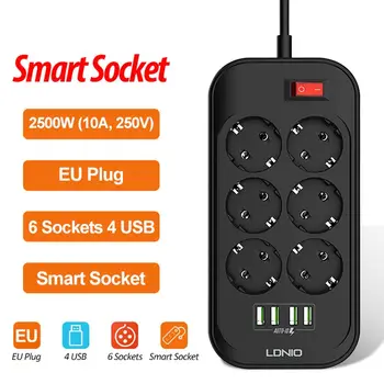 

EU Plug USB Extension Socket Smart Electronic Power Strip Multiple Sockets 5V 3.4A 4 USB Charger Adapter 6 Outlet Power Switch