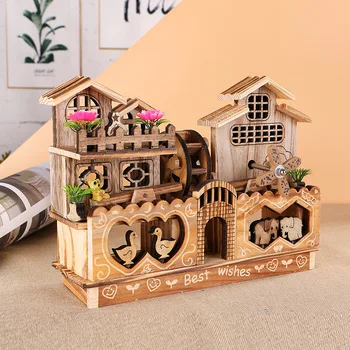 

Two-storey wooden windmill music box Classic wooden house couple windmill solid wood crafts ornaments