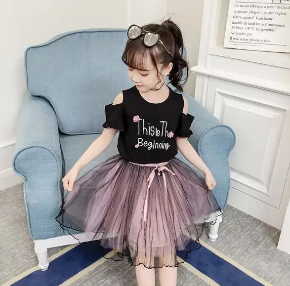

Kids Clothes Sets Girls Fashion Off Shoulder Shirt+Mesh Princess Skirts Suit for Teen Child Summer Baby Girls Clothing Outfits