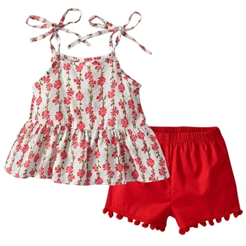 

2019 Summer Toddler Infant Baby Girls Outfits Floral Strappy Shirt Tops+Red Short Pants Sets