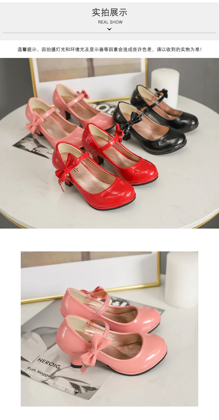 best children's shoes 2020 New hot sale princess leather dance shoes girls party bow shoes shiny Solid Red color high-heeled fashion shoes for kids children's shoes for high arches