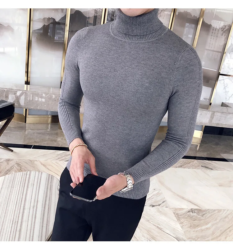 Черный, серый сексуальный тонкий прилегающий вязаный пуловер сплошной цвет Повседневные свитера Трикотаж Осень Новые мужские водолазки свитера мужские
