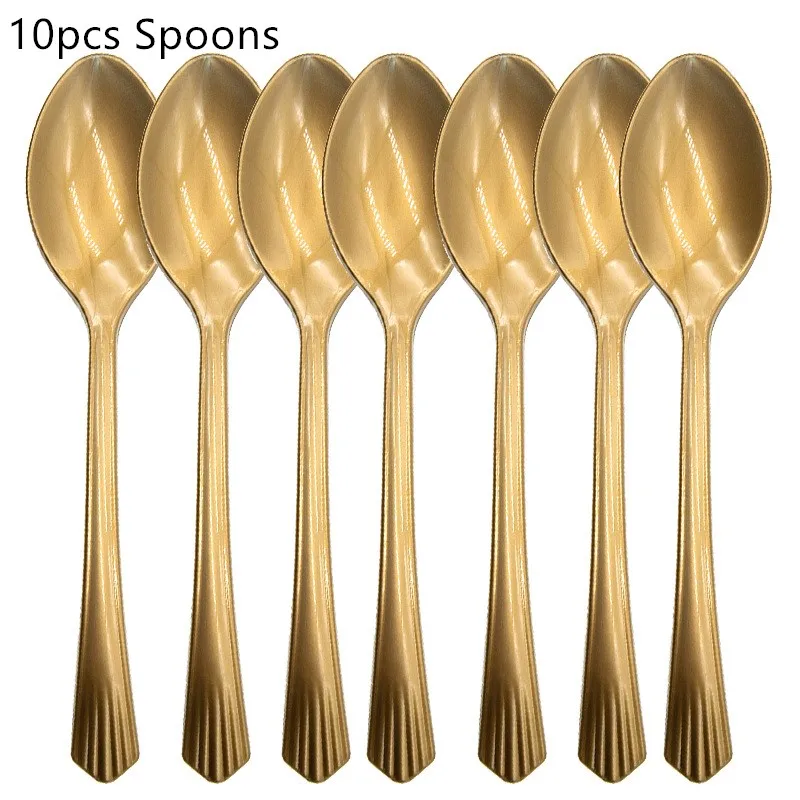 spoon 10pcs White Gold Dot Paper Cup Plate Napkins For Happy Birthday Wedding Disposable Tableware Party Decoration Supplies - Цвет: spoon 10pcs