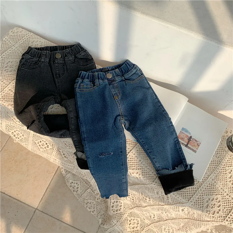 New Stylish Girls Boys Denim Thicken Pants Cotton Autumn Winter Kids Girls Jean Pants 2-7 years