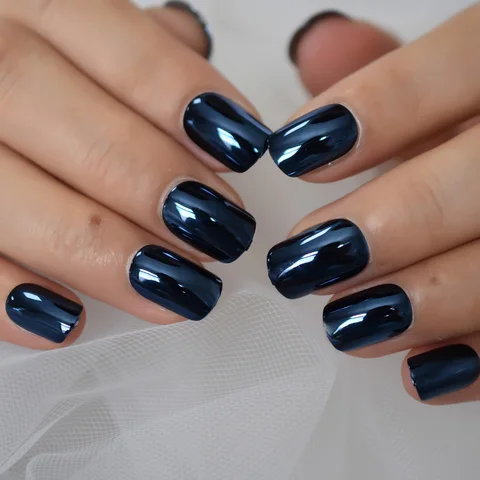 Punk Rock Style Metallic Pastel Purple Fake False Nails Metal Plating Acrylic Short Mirror Press on Nail Art Tips