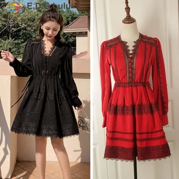 

EDGLuLu designer dresses runway 2019 high quality v neck lantern sleeve vintage elegant red dress lace-up black mini dress