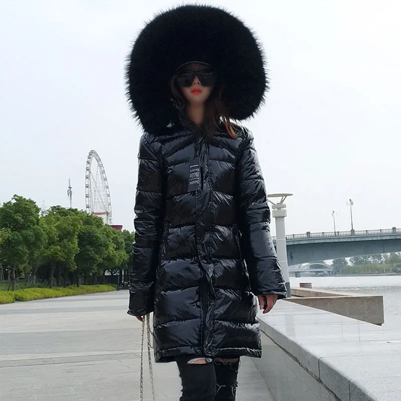balck fur Зимний пуховик с воротником из меха енота, Женская куртка с капюшоном, утолщенная длинная парка, женские куртки, тонкое теплое зимнее пальто для женщин 218 - Цвет: balck fur