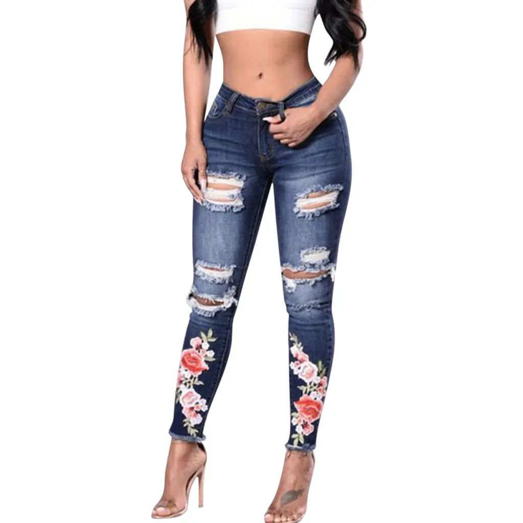 Women High Waist Skinny Hole Denim Stretch Slim Jeans Sexy Lady Embroidery Pencil Pants Jeans for Women Streetwear z1009