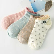 4 пары, модные женские хлопковые носки, весенние женские короткие носки в горошек Kawaii Cat, удобные вязаные повседневные носки-башмачки