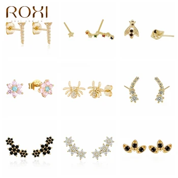 ROXI Ins Lotus Flowers Crown Star Spider Bee Stud Earrings for Women Birthday Gift Piercing Earrings 925 Sterling Silver Jewelry