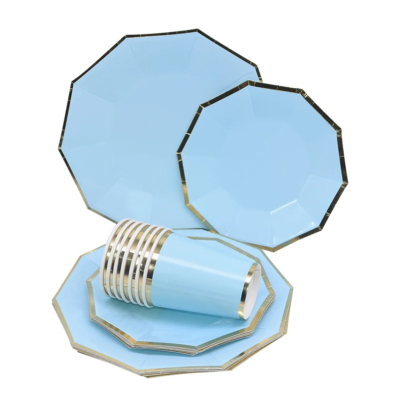 24pcs/set Green Pink Blue Paper Plates Cups Disposable Tableware Set for Wedding Birthday Party Baby Shower Supplies Gold Decor